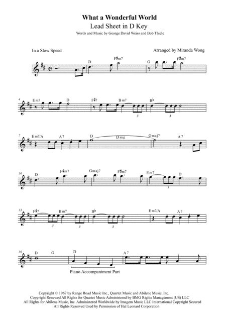 What A Wonderful World Lead Sheet In D Key With Chords Sheet Music