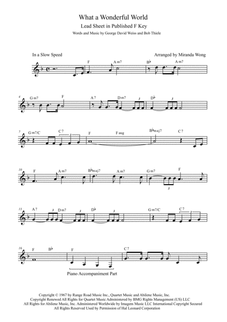 What A Wonderful World Lead Sheet In Published F Key With Chords Sheet Music