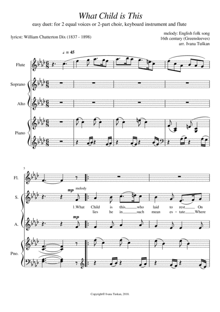 Free Sheet Music What Child Is This For Sa Piano And Flute F Minor