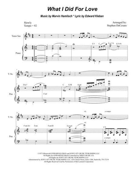 What I Did For Love For Tenor Saxophone Solo Sheet Music