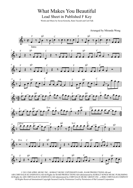 What Makes You Beautiful Lead Sheet In F Key With Chords Sheet Music