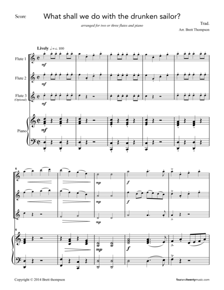 Free Sheet Music What Shall We Do With The Drunken Sailor For Two Or Three Flutes And Piano