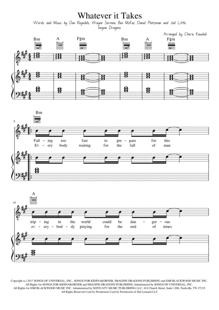 Free Sheet Music Whatever It Takes By Imagine Dragons Key A