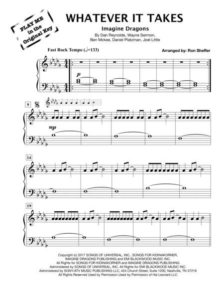 Whatever It Takes Imagine Dragons Easy Piano Play Me In The Original Key Sheet Music