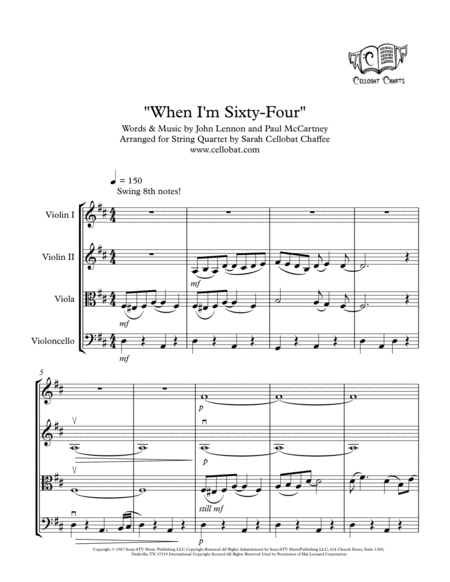 When I M Sixty Four String Quartet Beatles Arr Cellobat Recording Available Sheet Music