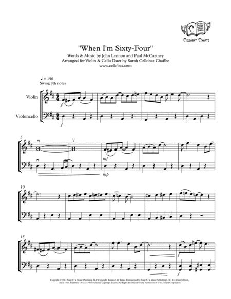 When I M Sixty Four Violin Cello Duet The Beatles Arr Cellobat Sheet Music