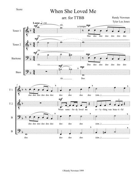 Free Sheet Music When She Loved Me Ttbb Arrangement