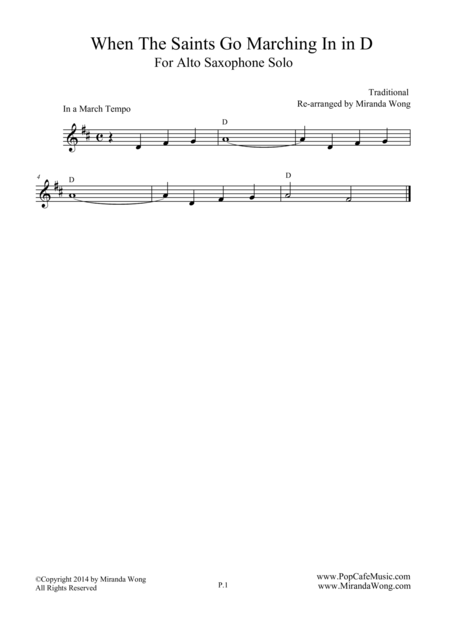 Free Sheet Music When The Saints Go Marching In Alto Saxophone Key Concert Key