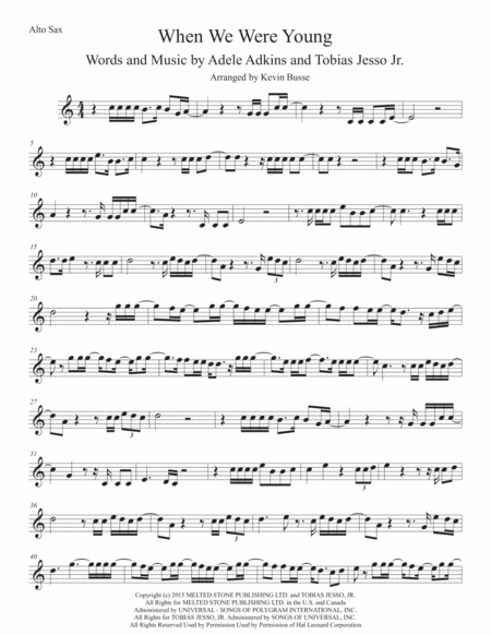 When We Were Young Alto Sax Easy Key Of C Sheet Music