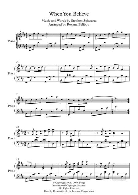 Free Sheet Music When You Believe From The Prince Of Egypt By Whitney Houston And Mariah Carey Piano