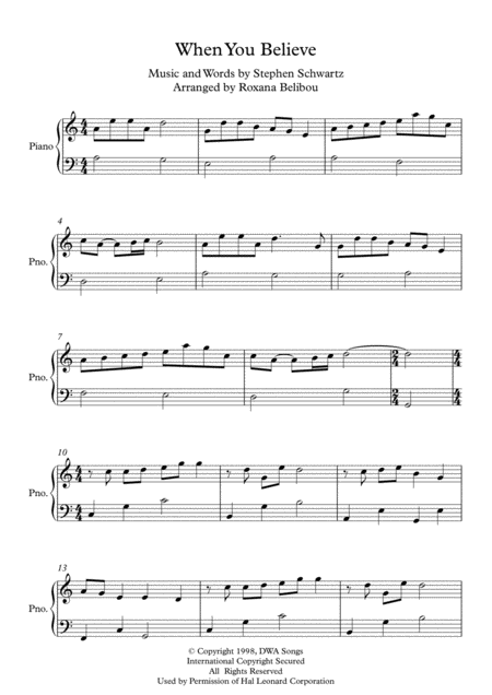 When You Believe From The Prince Of Egypt C Major By Whitney Houston And Mariah Carey Easy Piano Sheet Music