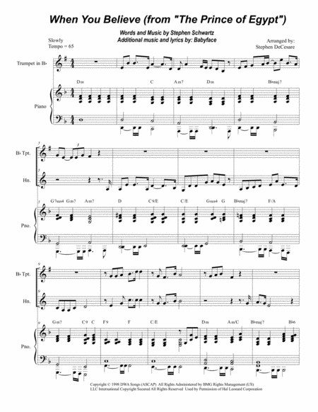 Free Sheet Music When You Believe From The Prince Of Egypt Duet For Bb Trumpet And French Horn