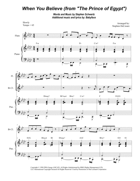 Free Sheet Music When You Believe From The Prince Of Egypt Duet For Flute And Bb Clarinet