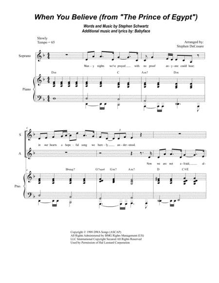 Free Sheet Music When You Believe From The Prince Of Egypt Duet For Soprano And Alto Solo