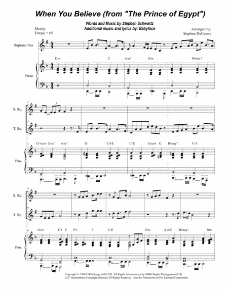 When You Believe From The Prince Of Egypt Duet For Soprano And Tenor Saxophone Sheet Music