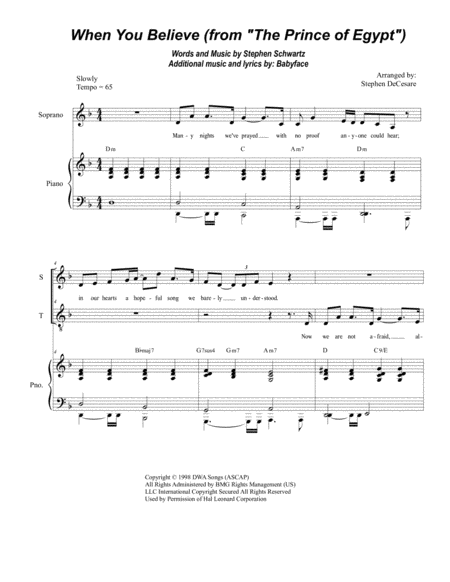 When You Believe From The Prince Of Egypt Duet For Soprano And Tenor Solo Sheet Music