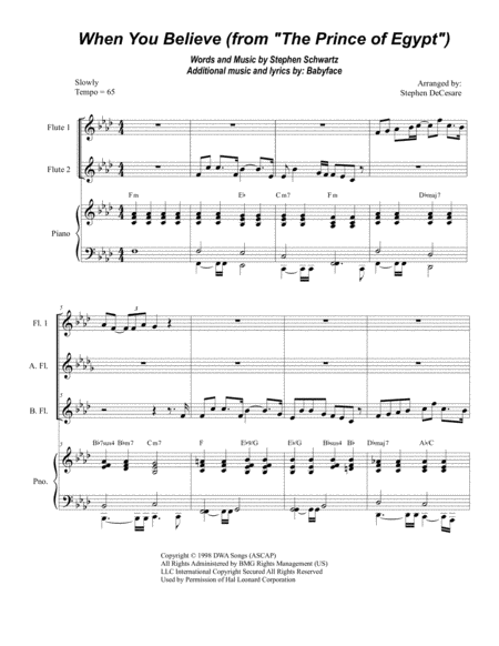 Free Sheet Music When You Believe From The Prince Of Egypt For Flute Choir And Piano