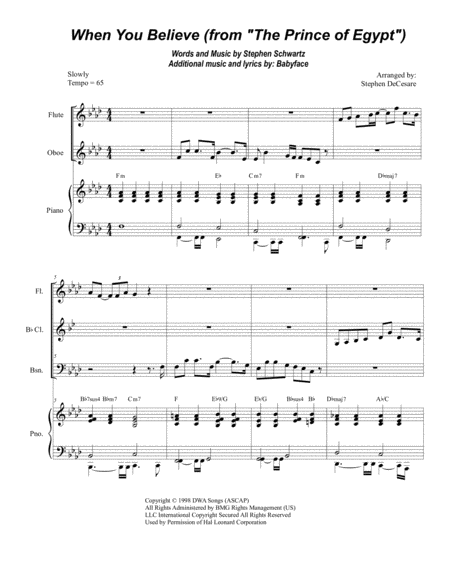 Free Sheet Music When You Believe From The Prince Of Egypt For Woodwind Quartet