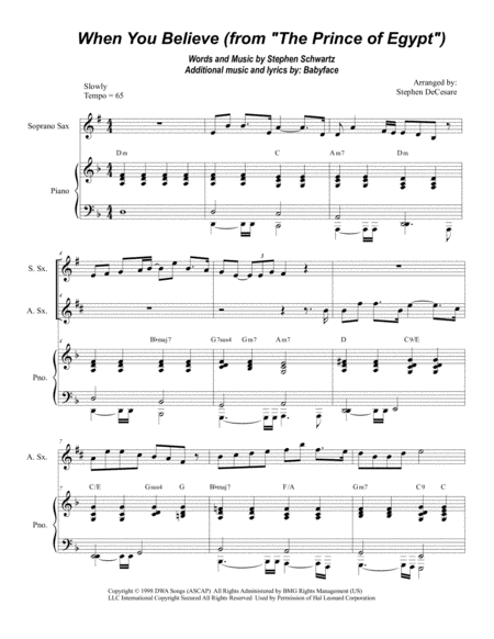 Free Sheet Music When You Believe From The Prince Of Egypt Soprano And Alto Saxophone Duet