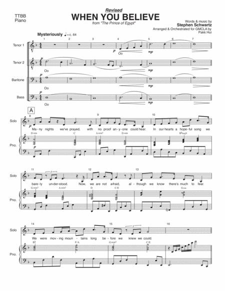 Free Sheet Music When You Believe From The Prince Of Egypt Ttbb Piano