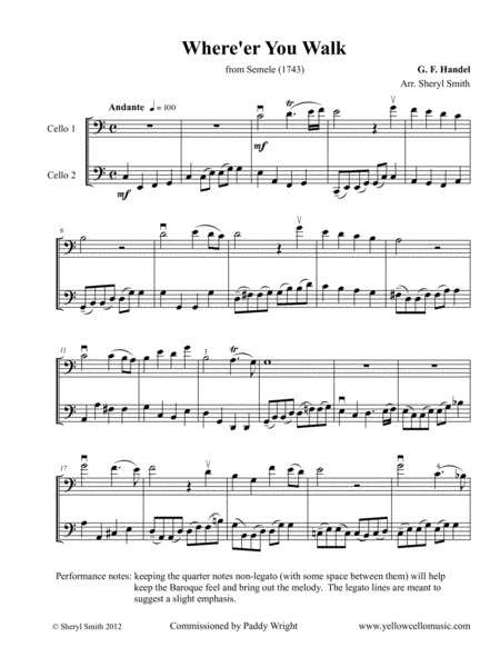 Where Er You Walk From Semele For Two Cellos Intermediate Cello Duet Sheet Music