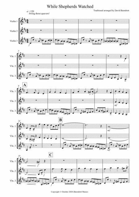 Free Sheet Music While Shepherds Watched Jazzy Version For Violin Trio