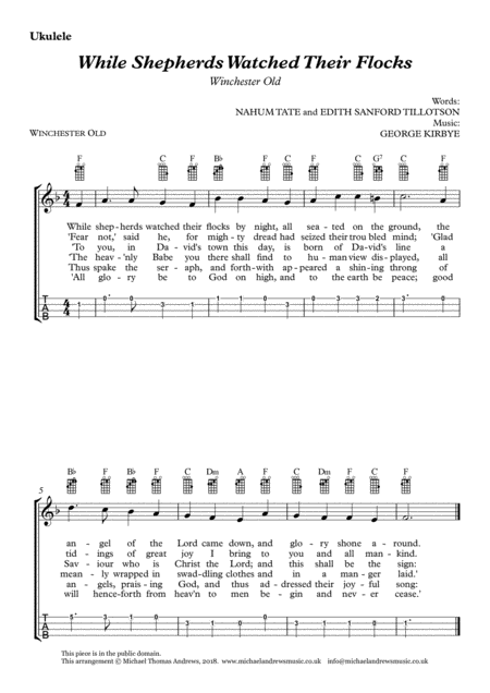 While Shepherds Watched Their Flocks Winchester Old For Ukulele With Tab Sheet Music