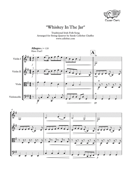 Free Sheet Music Whiskey In The Jar String Quartet Traditional Irish Arr Cellobat