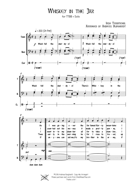 Free Sheet Music Whisky In The Jar For Choir Ttbb Solo