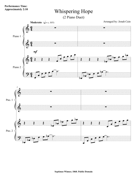 Whispering Hope 2 Piano Duet Sheet Music