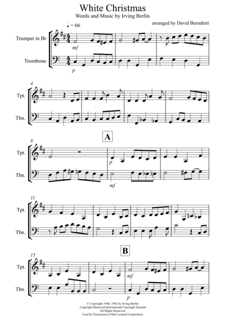 White Christmas For Trumpet And Trombone Duet Sheet Music