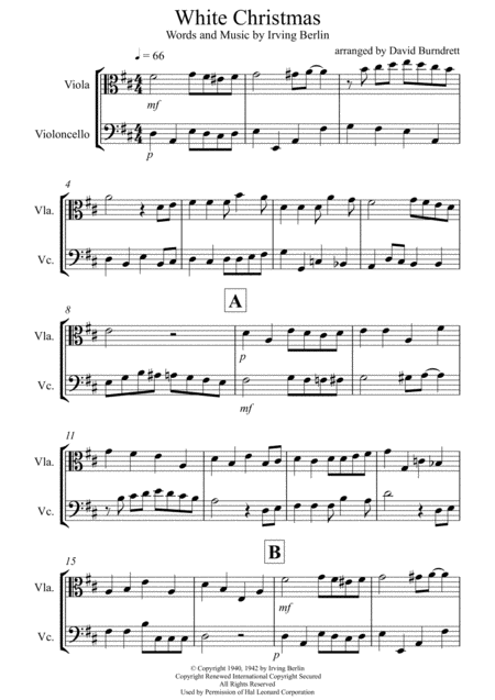 Free Sheet Music White Christmas For Viola And Cello Duet