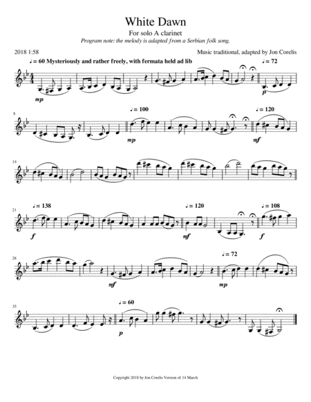 Free Sheet Music White Dawn For Solo A Clarinet