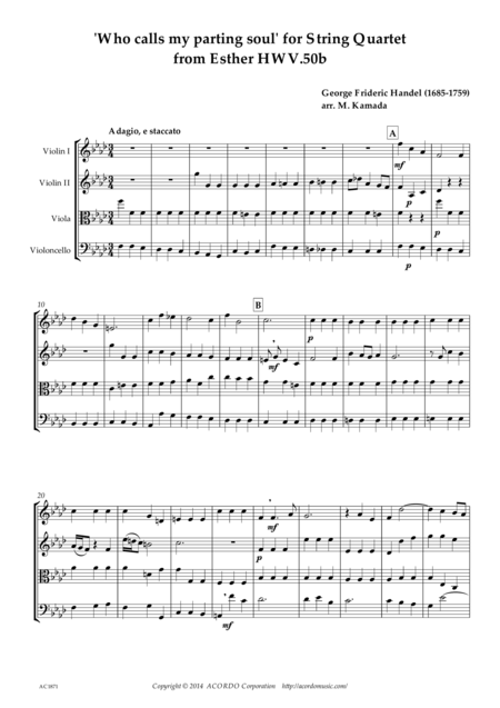 Who Calls My Parting Soul For String Quartet From Esther Hwv 50b Sheet Music