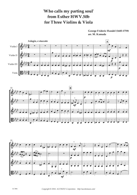 Who Calls My Parting Soul For Three Violins Viola From Esther Hwv 50b Sheet Music