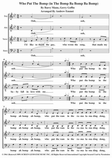 Who Put The Bomp In The Bomp Ba Bomp Ba Bomp A Cappella Sheet Music