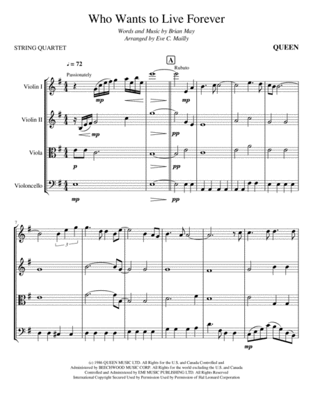 Who Wants To Live Forever String Quartet Sheet Music