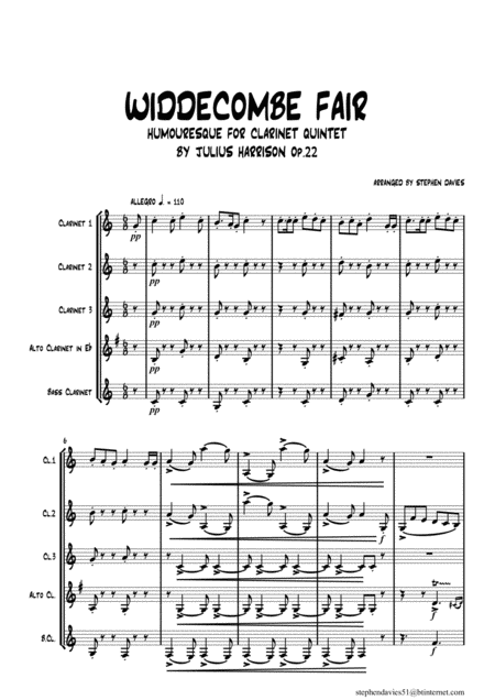 Free Sheet Music Widdicombe Fair By Julius Harrison For Clarinet Quintet