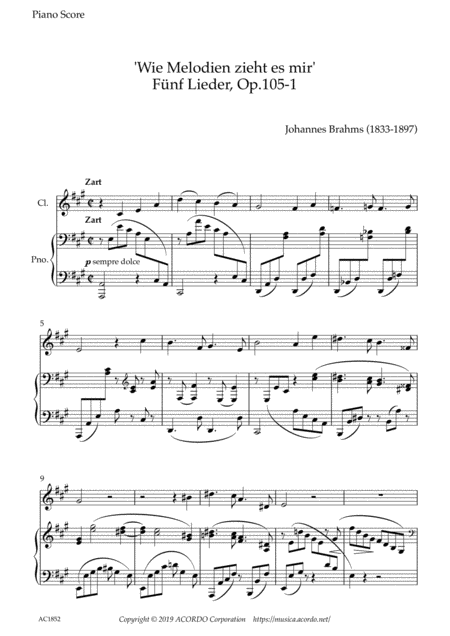 Wie Melodien Zieht Es Mir It Moves Like A Melody Op 105 1 For Clarinet Piano Sheet Music