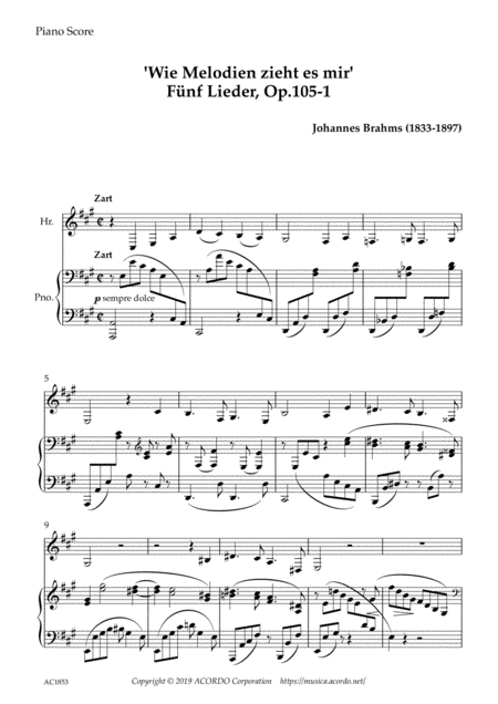 Wie Melodien Zieht Es Mir It Moves Like A Melody Op 105 1 For Horn Piano Sheet Music