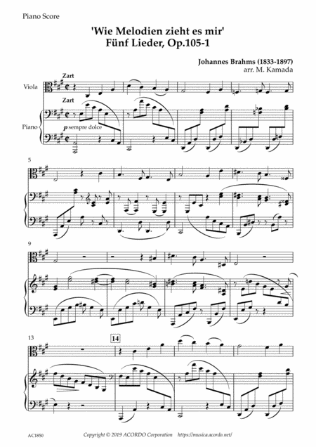 Free Sheet Music Wie Melodien Zieht Es Mir It Moves Like A Melody Op 105 1 For Viola Piano