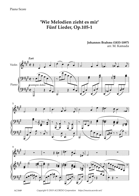 Free Sheet Music Wie Melodien Zieht Es Mir It Moves Like A Melody Op 105 1 For Violin Piano