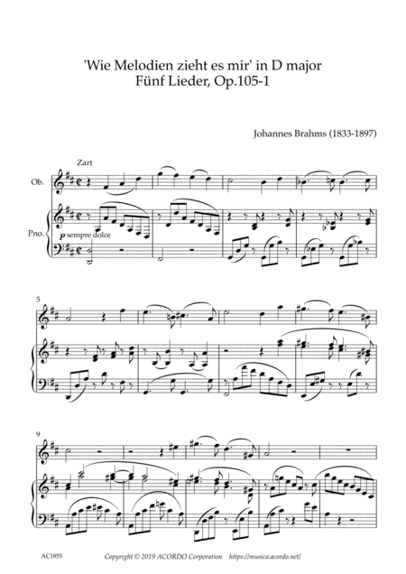 Free Sheet Music Wie Melodien Zieht Es Mir It Moves Like A Melody Op 105 1 In D Major For Oboe Piano