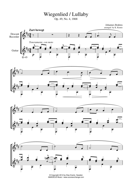 Wiegenlied Lullaby For Descant Recorder And Guitar Sheet Music