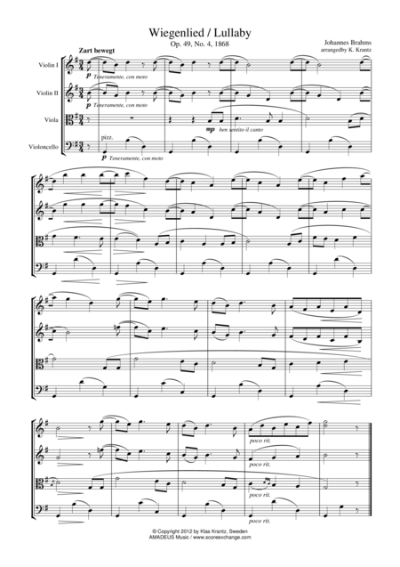 Wiegenlied Lullaby For String Quartet G Major Sheet Music