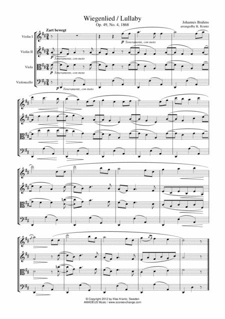 Wiegenlied Lullaby Op 49 No 2 For String Quartet D Major Sheet Music