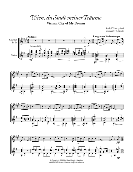 Free Sheet Music Wien Du Stadt Meiner Trume For Clarinet And Guitar
