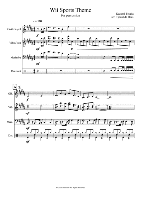 Wii Sports Theme For Percussion Sheet Music