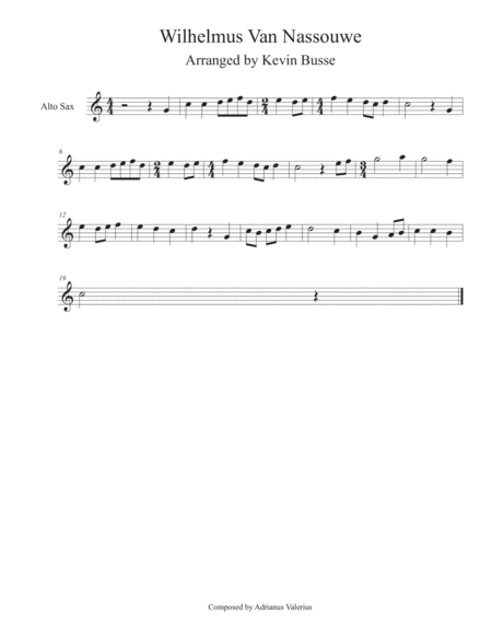 Wilhelmus Van Nassouwe Alto Sax Sheet Music