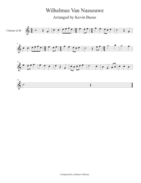 Wilhelmus Van Nassouwe Clarinet Sheet Music